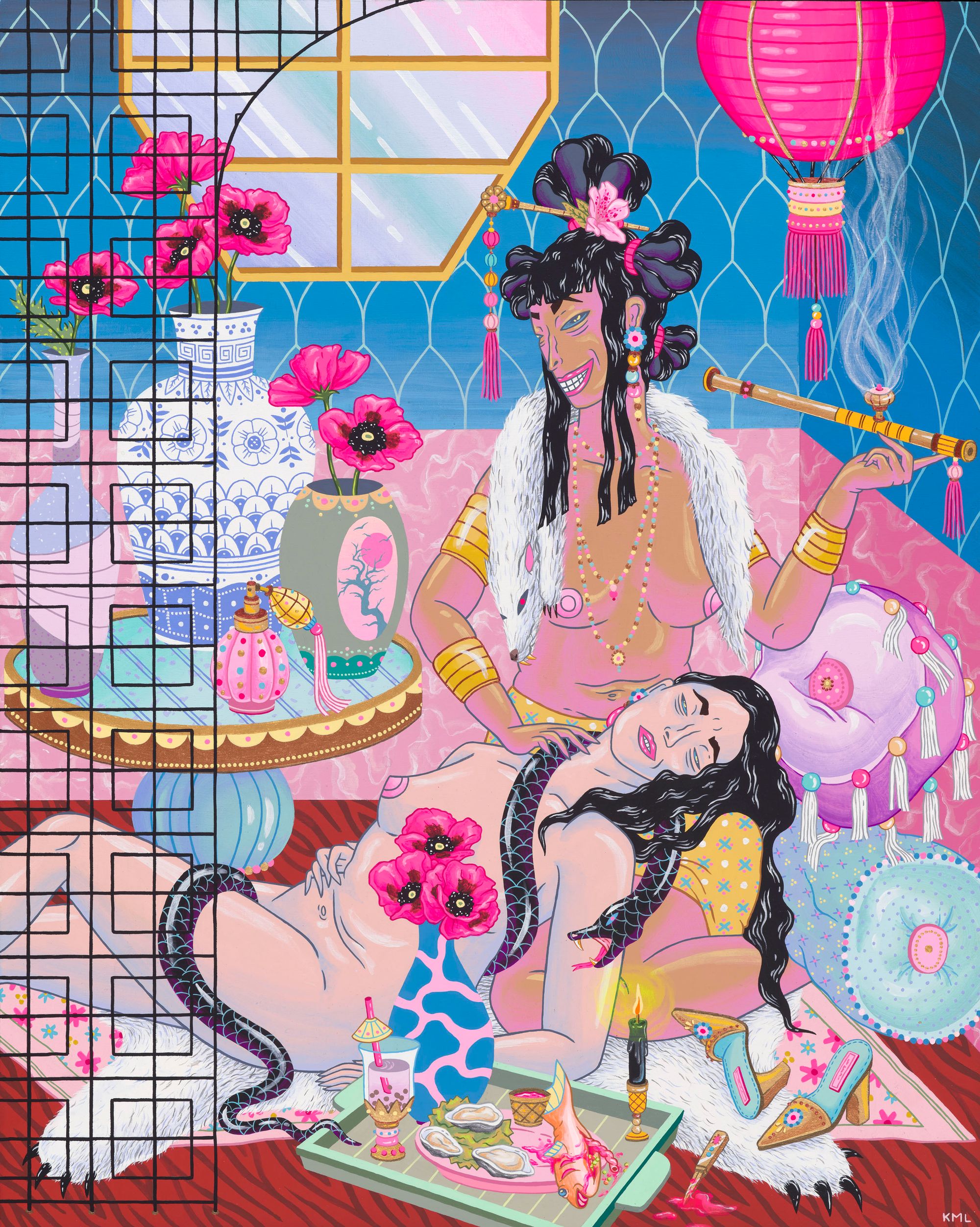 Kristen Liu-Wong's painting called We Dreamt Of Poppies depicts two nude women lounging in an opium den with a tiger rug, floor pillows, vases filled with pink flowers, and a hot pink lantern.