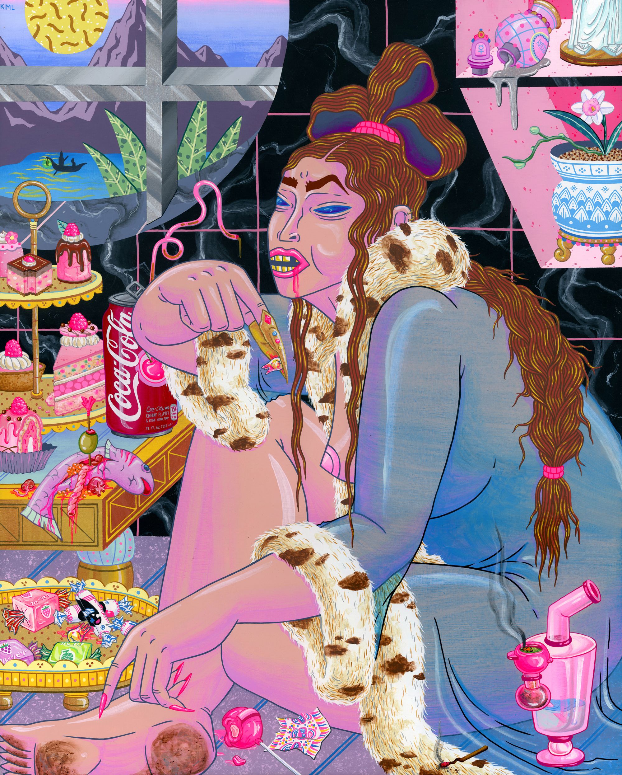 Kristen Liu-Wong's painting titled The Indulgence depicting a woman wearing a robe, sitting on the floor in front of a gilded coffee table, facing a tiered tray of cakes and various snacks, with a pink bong on the floor next to her.