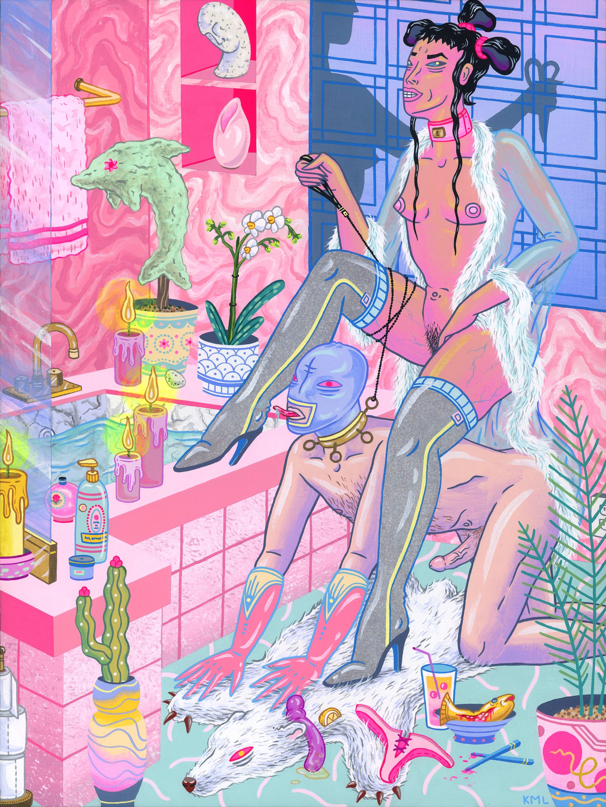 Painter and illustrator Kristen Liu-Wong's painting titled Get It Clean depicts a nude woman wearing a sheer silk robe and thigh high boots riding on the back of a nude man on all fours on the ground wearing a BDSM mask. They are in a bathroom beside the bathtub surrounded by lit candles and plants.
