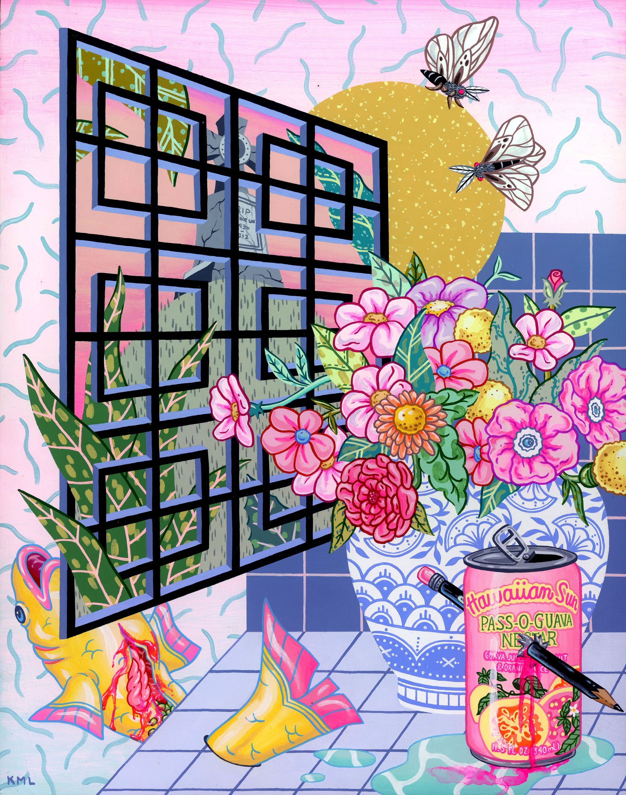 Painter and illustrator Kristen Liu-Wong's painting title Still Life With Death depicts a ming vase filled with an assortment of pink flowers, a gutted fish underneath an Asian screen, and two moths. 