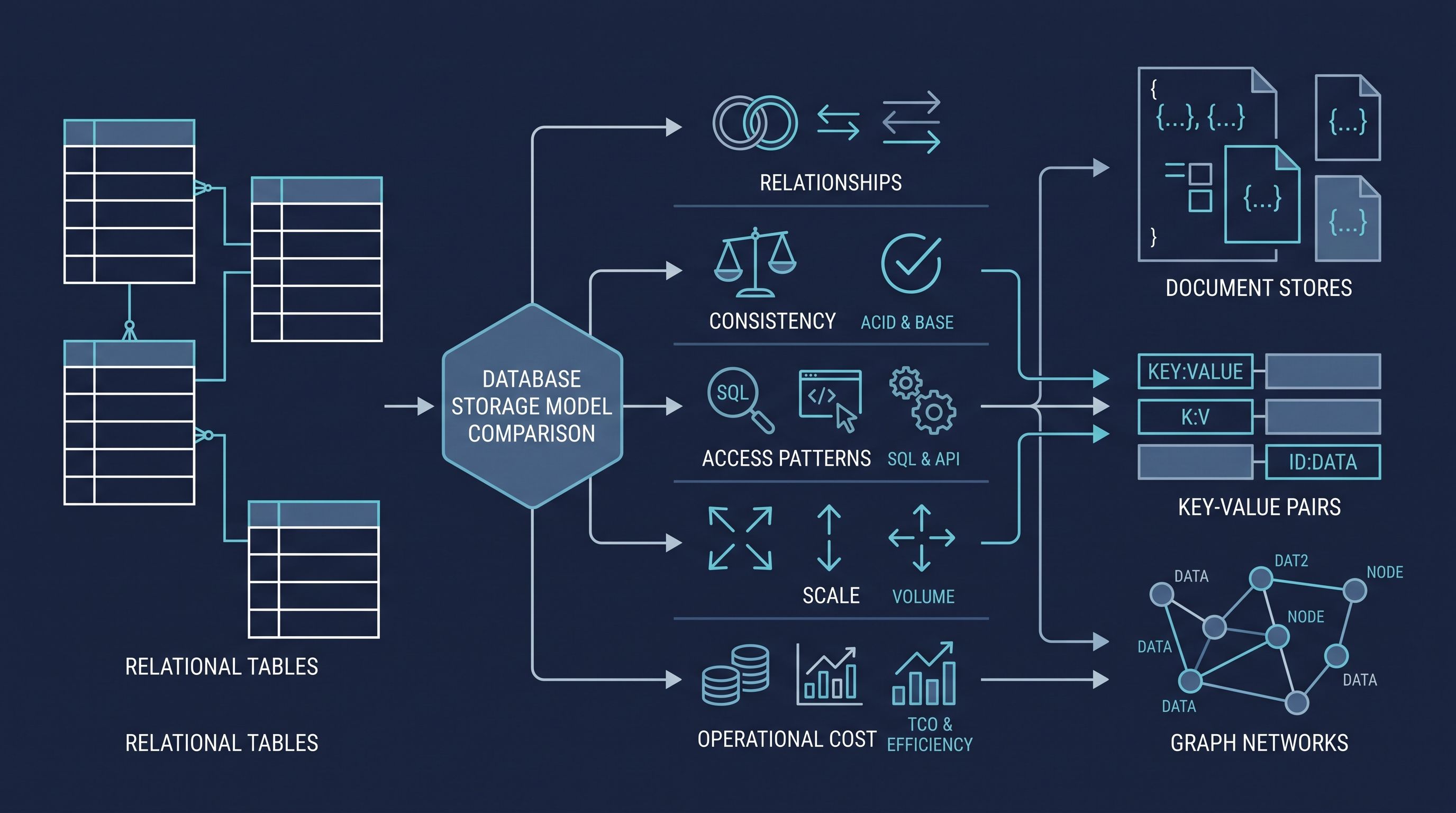 Diagram comparing relational, document, key-value and graph database models using relationships, consistency and access patterns.