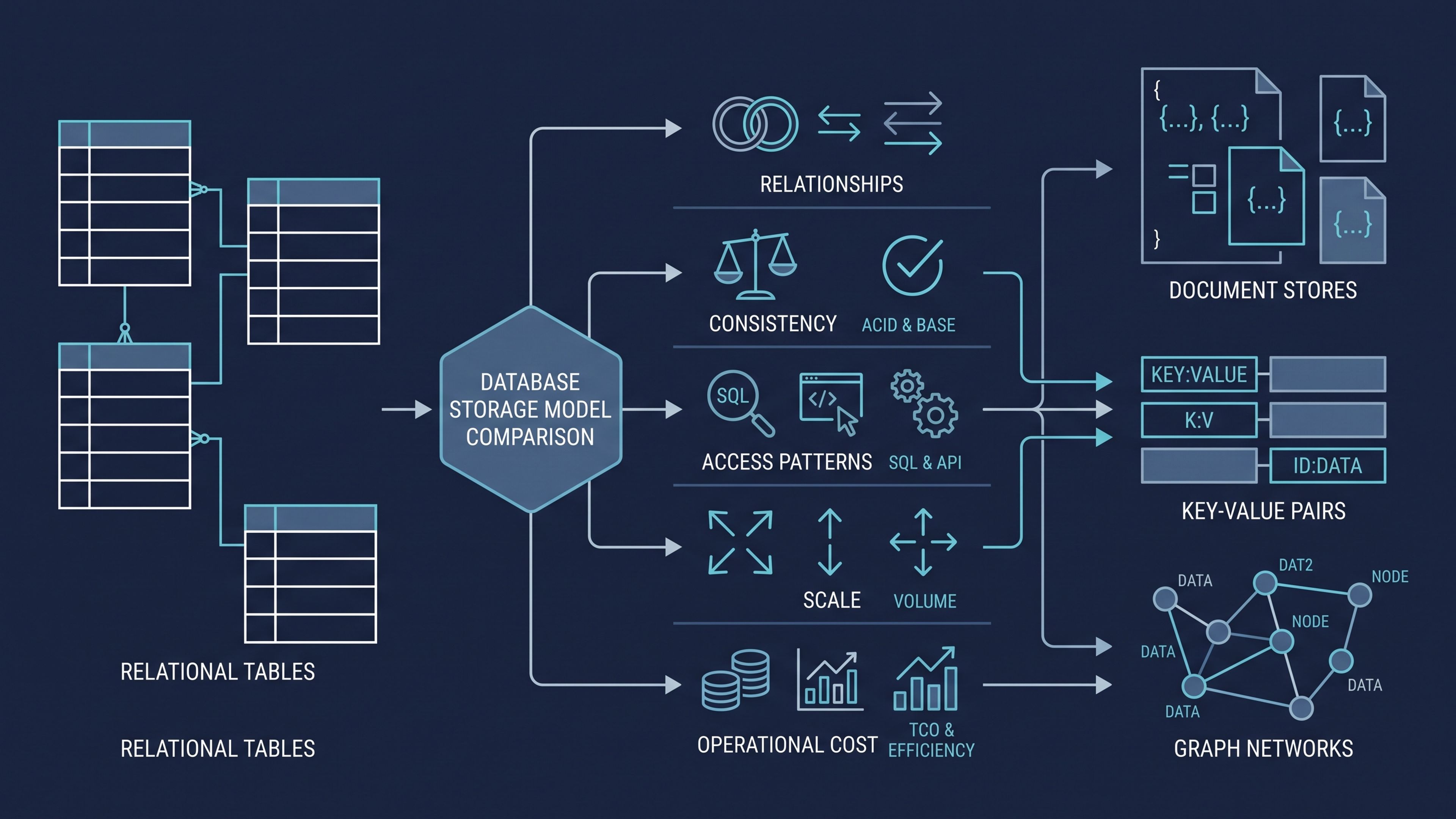 Diagram comparing relational, document, key-value and graph database models using relationships, consistency and access patterns.
