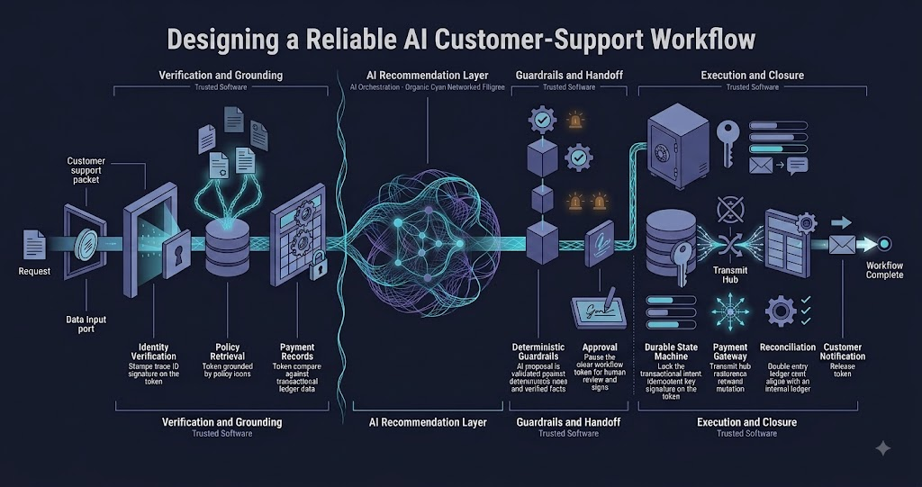 A reliable AI workflow separates language-model interpretation from deterministic financial execution.