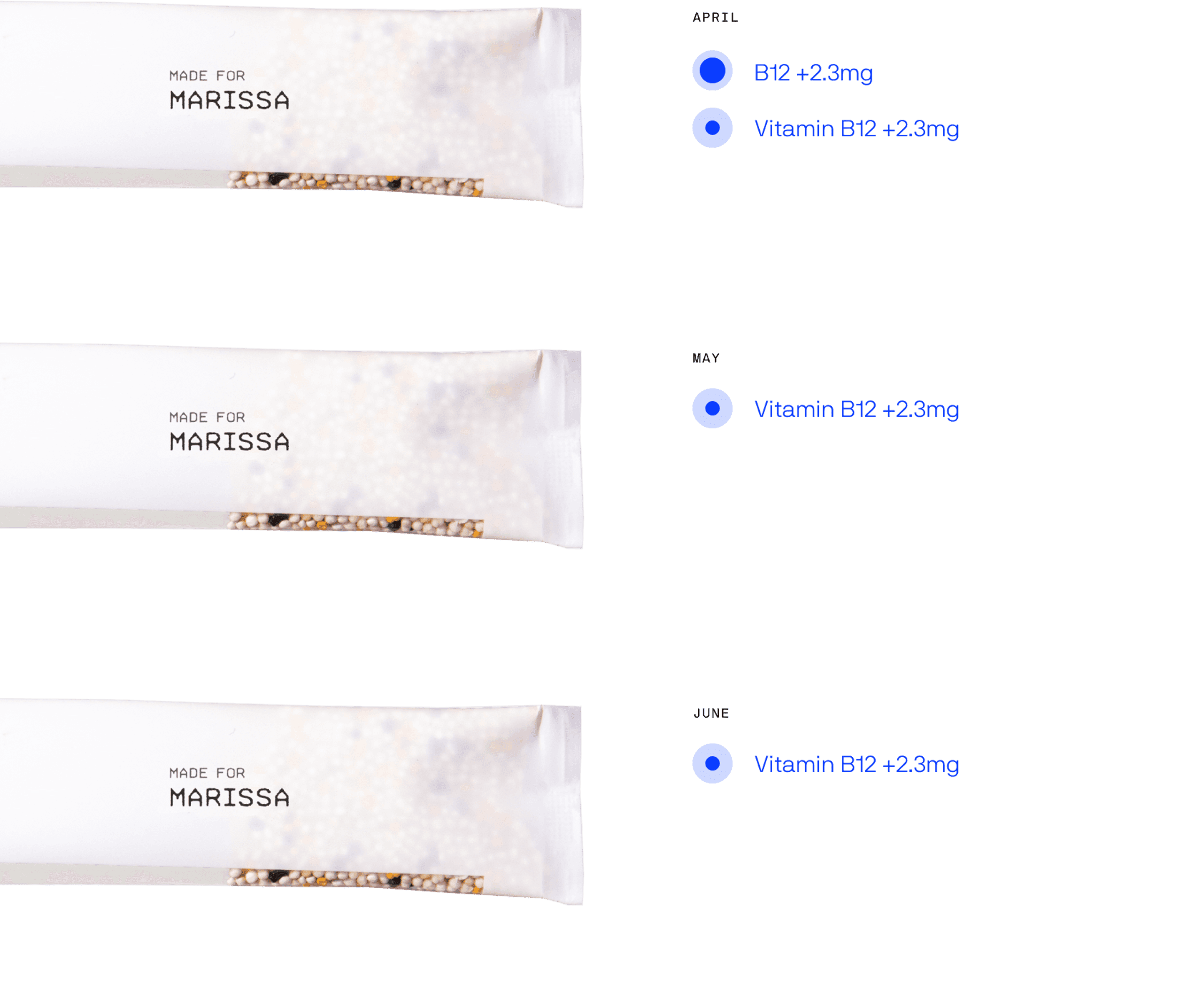 Personalized sachets with microbeads, labeled with names