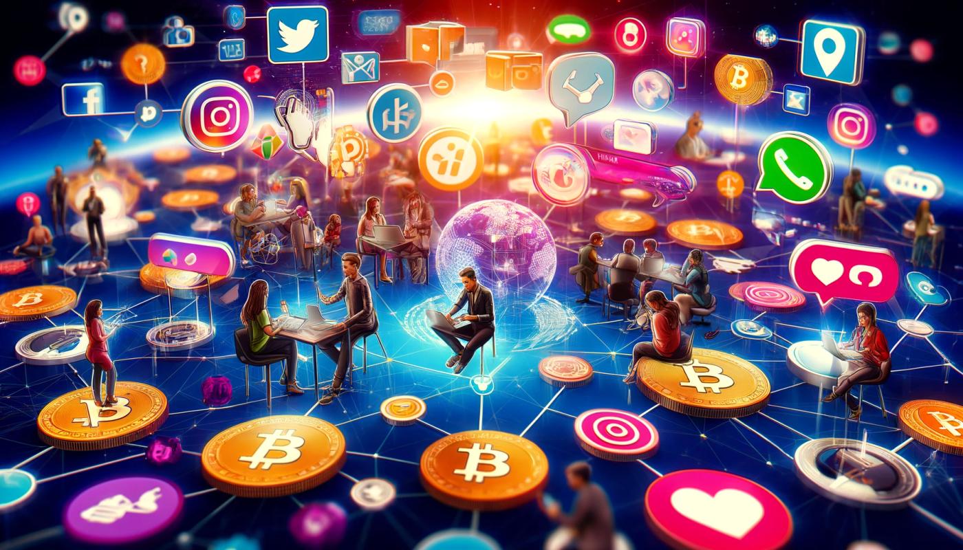A dark-blue themed image featuring many small people, some sitting on chairs and some standing. Below them are colorful cryptocurrency coins, and in the air above them are various social network icons