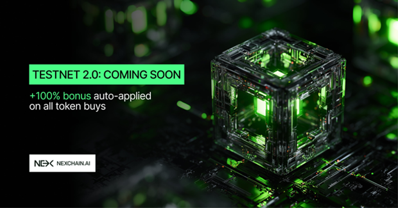 Nexchain AI green cube logo for testnet 2.0 coming soon with 100% bonus