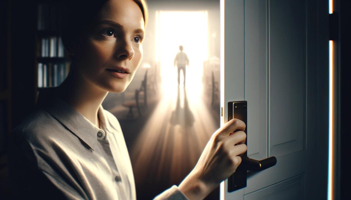  woman with her right hand on an open door, looking towards the view. Behind her, there is someone with their back to her, casting a shadow. Warm light pours from the open door into the dark room.