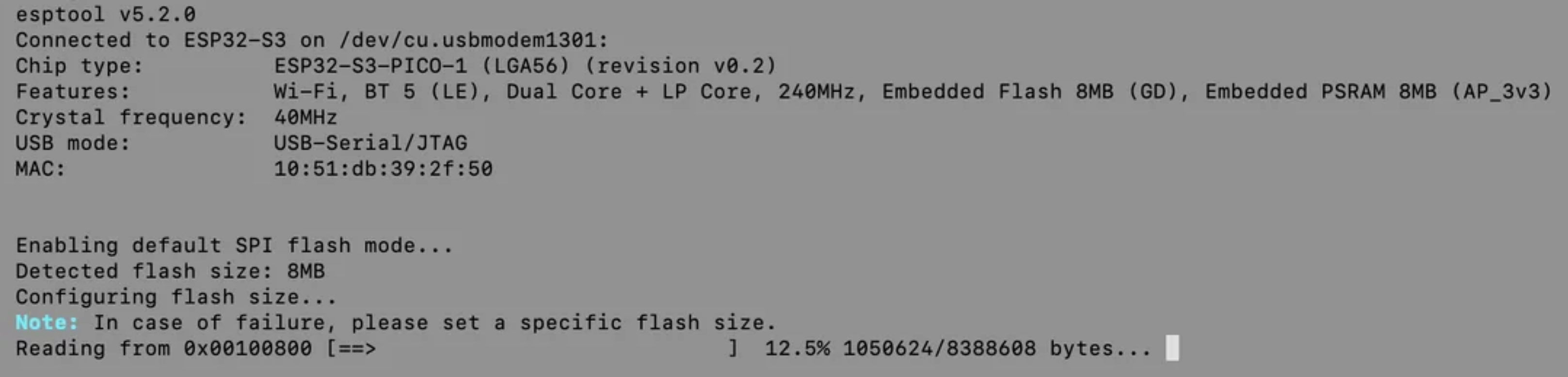 Terminal output showing the researcher's tool successfully connecting to the counterfeit device's chip, identifying it as an ESP32-S3 with built-in Wi-Fi and Bluetooth capabilities. The screen shows the chip extraction process in progress, with 12.5% of the device's 8MB storage read so far.