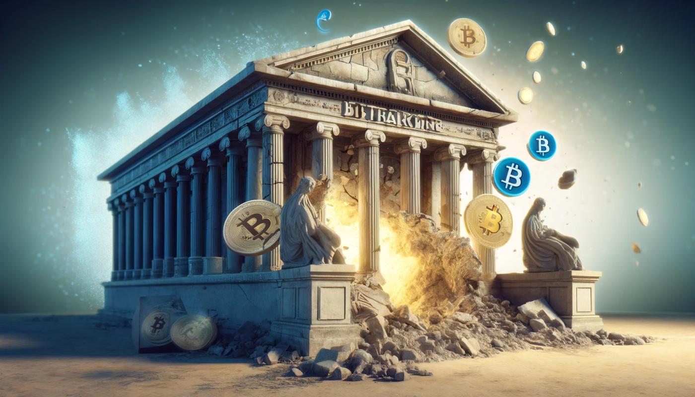 An old Greek-style bank building exploding with cryptocurrency coins flying out of it, set against a blue background and a brown ground