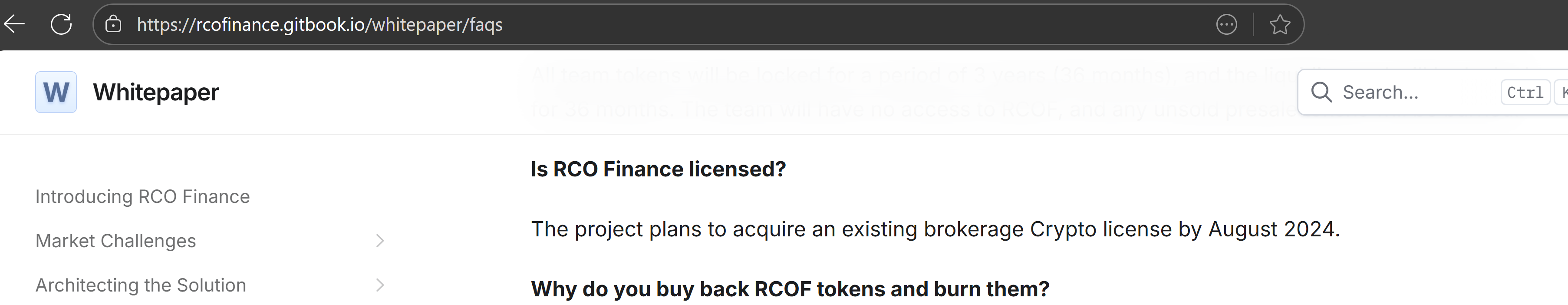 Screenshot from the RCO Finance whitepaper FAQ showing the project’s claim to obtain a brokerage crypto license by August 2024 during its $36 million crypto presale