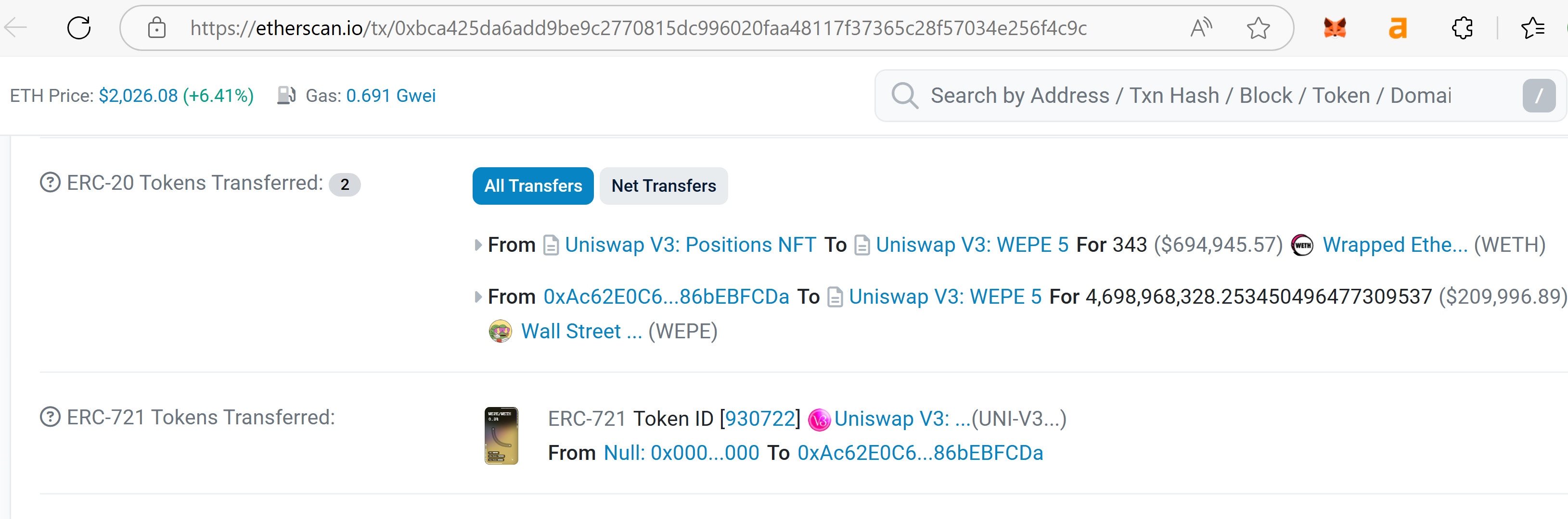 A blockchain transaction record on Etherscan showing the first liquidity pool transaction for the $WEPE token trading pair, with details on token and ETH deposits