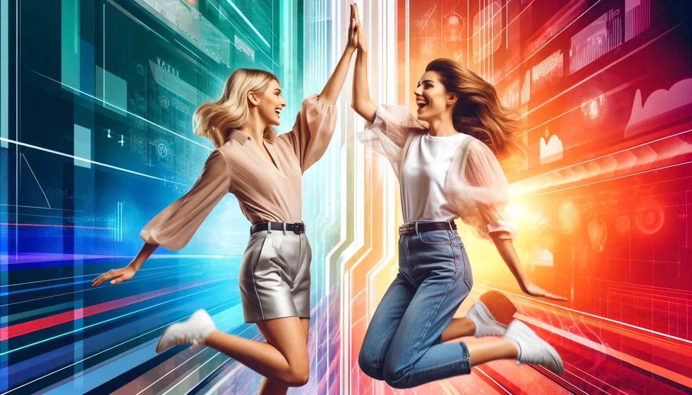 Two women jumping in the air, giving high fives with one hand. The woman on the right has brown hair, wears blue jeans and a white shirt. The woman on the left is blonde, wears short silver pants and a brown shirt. The background is split, with red on one side and green on the other
