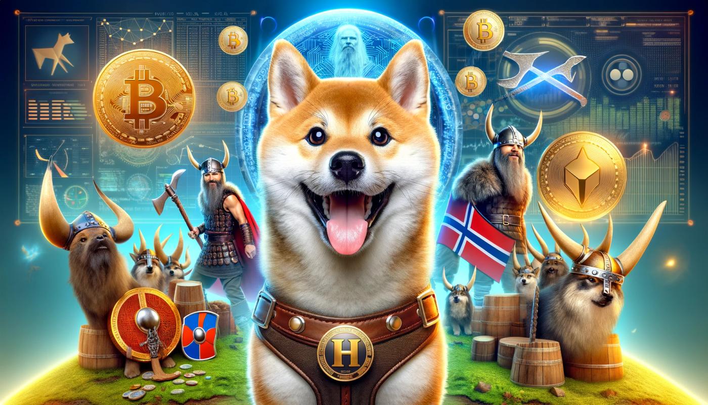 The face of a Shiba Inu dog with its mouth open and tongue out, dressed in a Viking outfit. In the background, Viking warriors and dogs with horns are on green grass, with the Norwegian flag and golden coins in the air