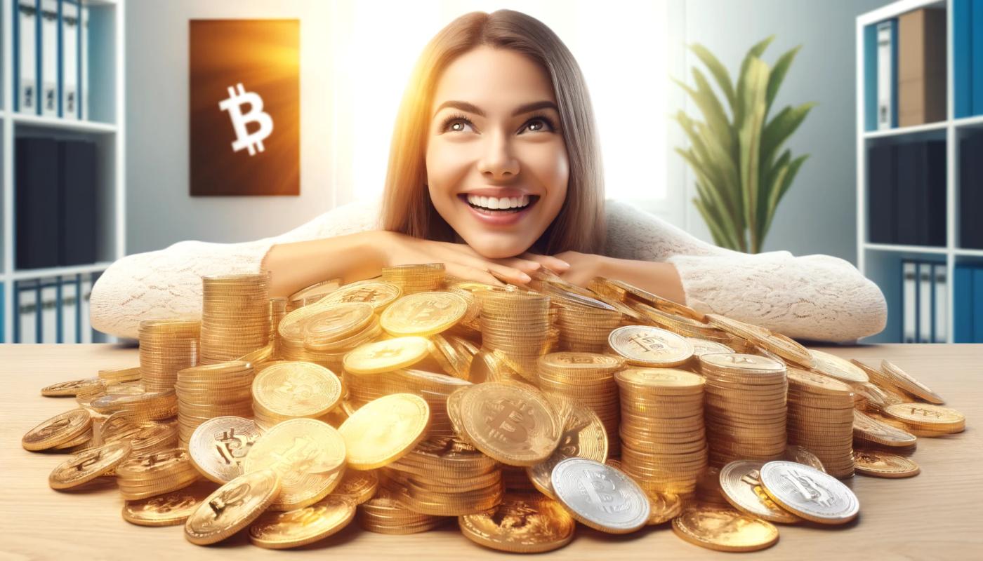 On a table, there's a pile of golden crypto coins. A woman is leaning on them with her chin resting on the back of her hands. She is smiling and looking happily towards the upper left side. Behind her is a white wall with a picture featuring a black background and a white Bitcoin logo. There are books and wallets on shelves to the right and left