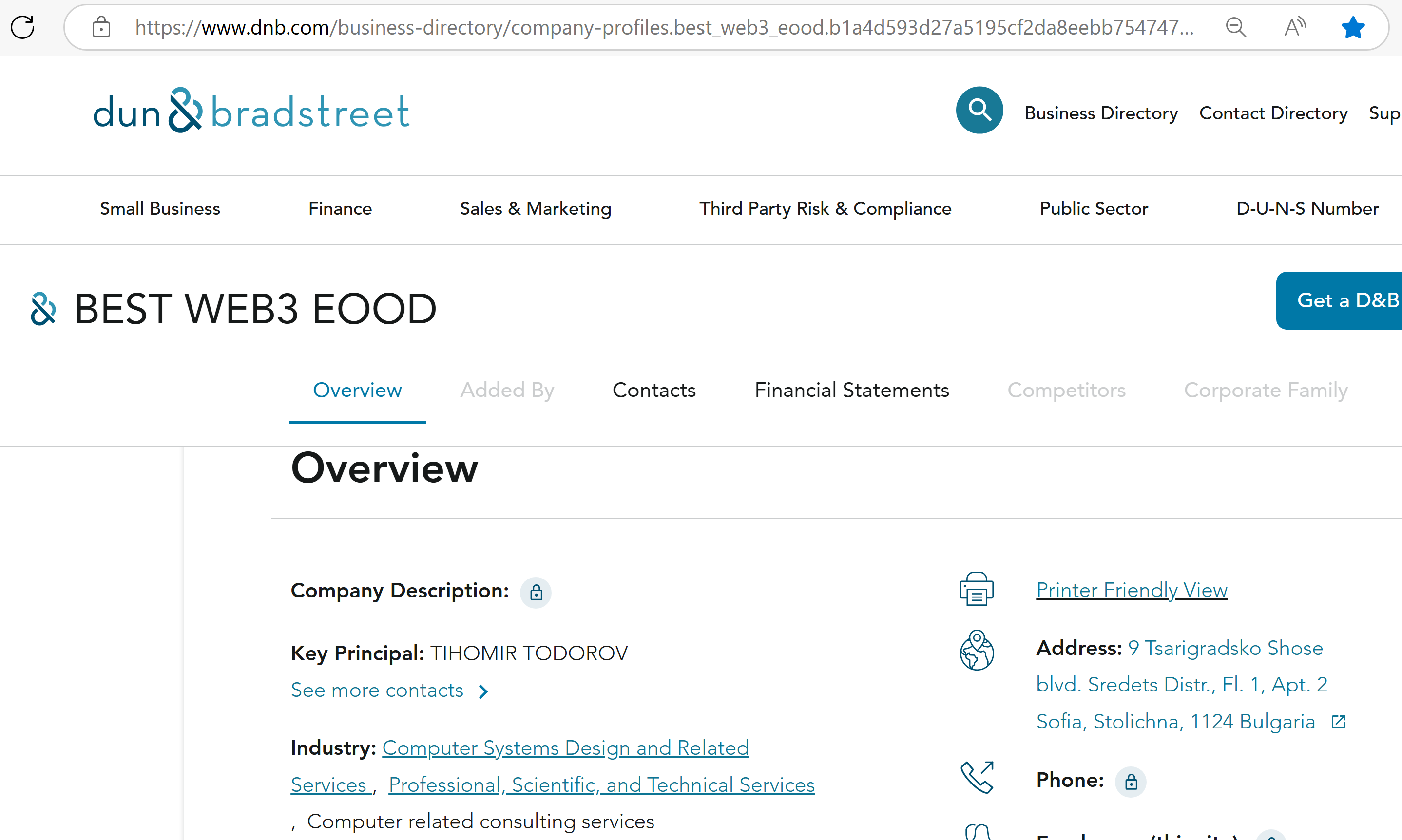 Screenshot of Dun & Bradstreet's business registry entry for Best Wallet Crypto, revealing Tihomir Todorov as the key principal of Best Web3 EOOD
