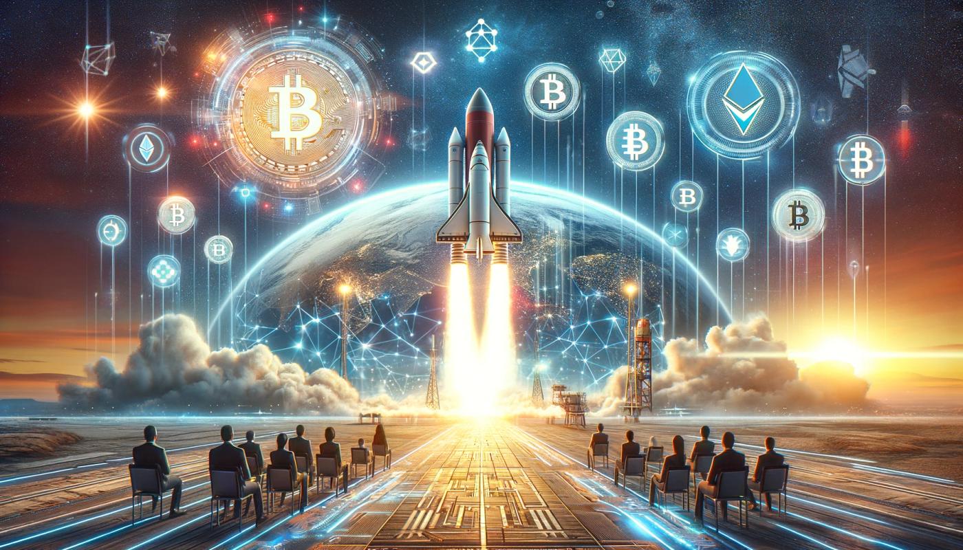 A space shuttle with a blaze of fire rises into the sky. In the foreground, people are sitting on chairs watching it. The background features numerous small blue dots connected by lines and Bitcoin coins