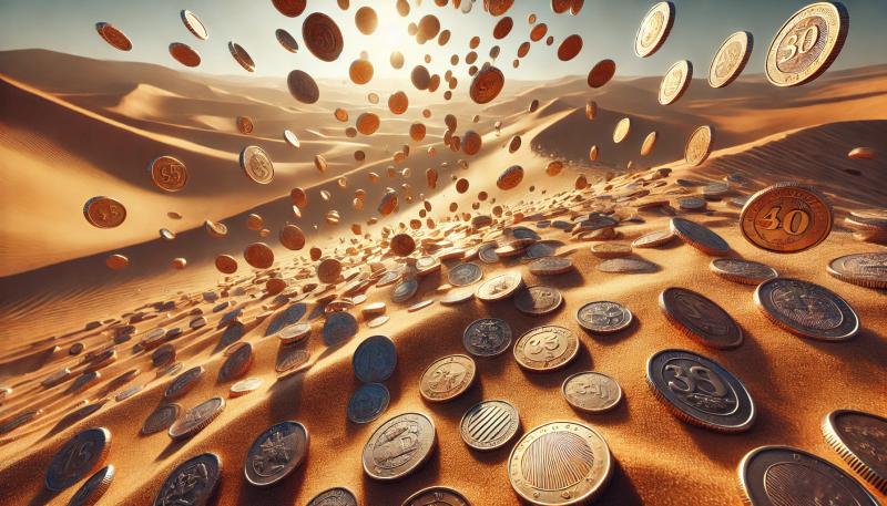 Many blockchain coins scattered across a desert with sand dunes in the background