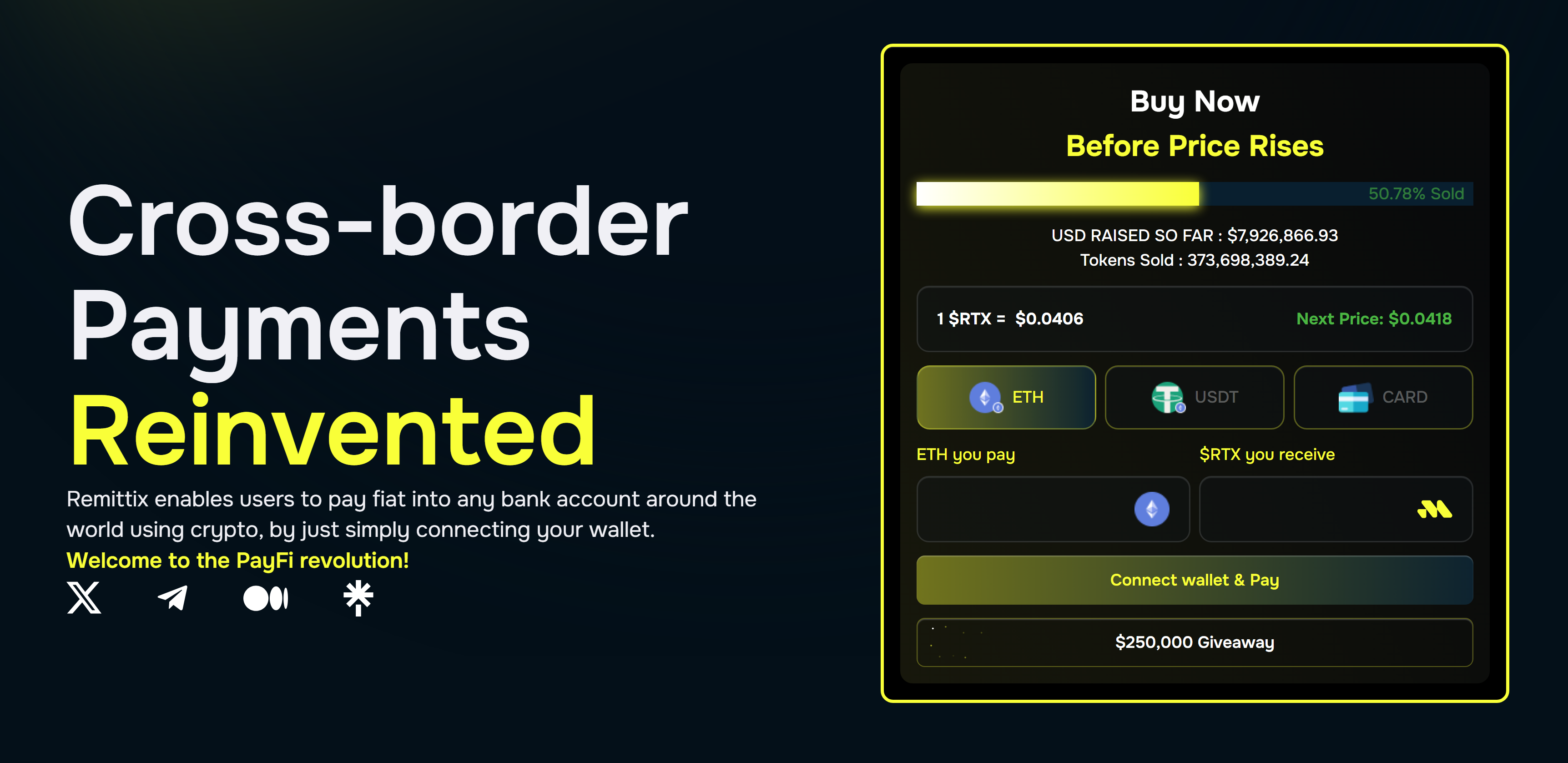 Screenshot of the Remittix crypto launchpad from the official website showing nearly $8M raised