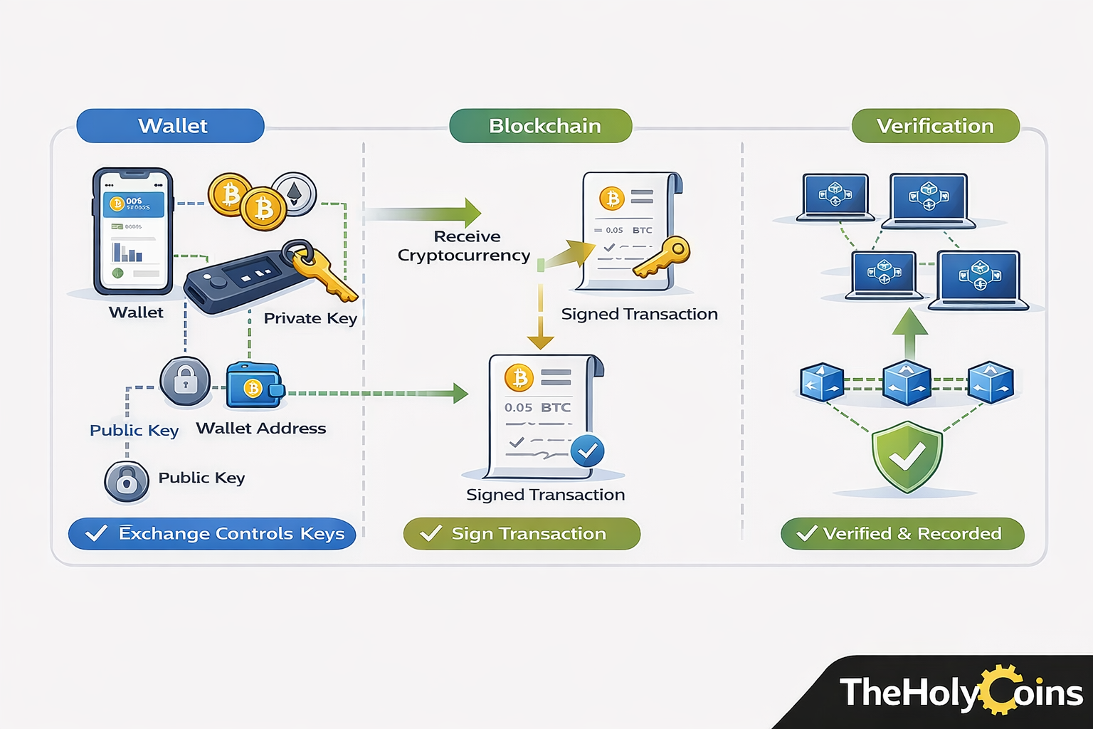 Diagram showing how a cryptocurrency wallet works. The visual explains the relationship between a wallet, private key, public key, wallet address, and blockchain transaction verification process.