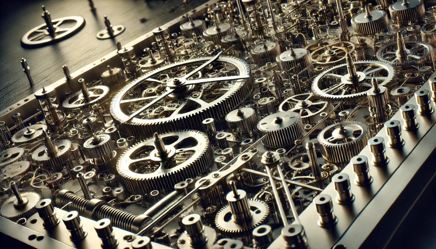 The intricate mechanisms of a clock, featuring gears, circles, and bars working together in harmony. The scene highlights detailed and interconnected components such as cogwheels, springs, and levers, all meticulously arranged. The gears are made of polished metal, reflecting light, and the background is a dark, contrasting surface that emphasizes the mechanical complexity.