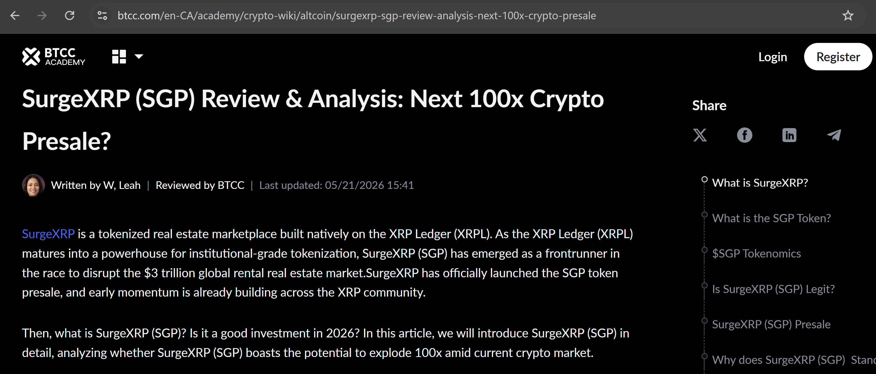 Screenshot of a BTCC Academy webpage titled “SurgeXRP (SGP) Review & Analysis: Next 100x Crypto Presale?” featuring highly promotional language about the SGP token and its growth potential. The page does not show a visible sponsored label or advertisement disclaimer within the article.