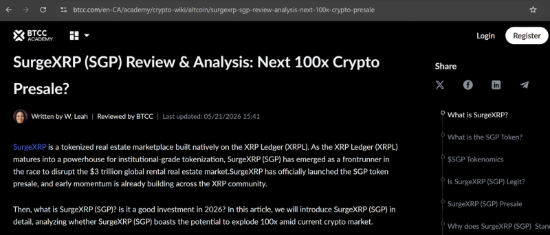 Screenshot of a BTCC Academy webpage titled “SurgeXRP (SGP) Review & Analysis: Next 100x Crypto Presale?” featuring highly promotional language about the SGP token and its growth potential. The page does not show a visible sponsored label or advertisement disclaimer within the article.