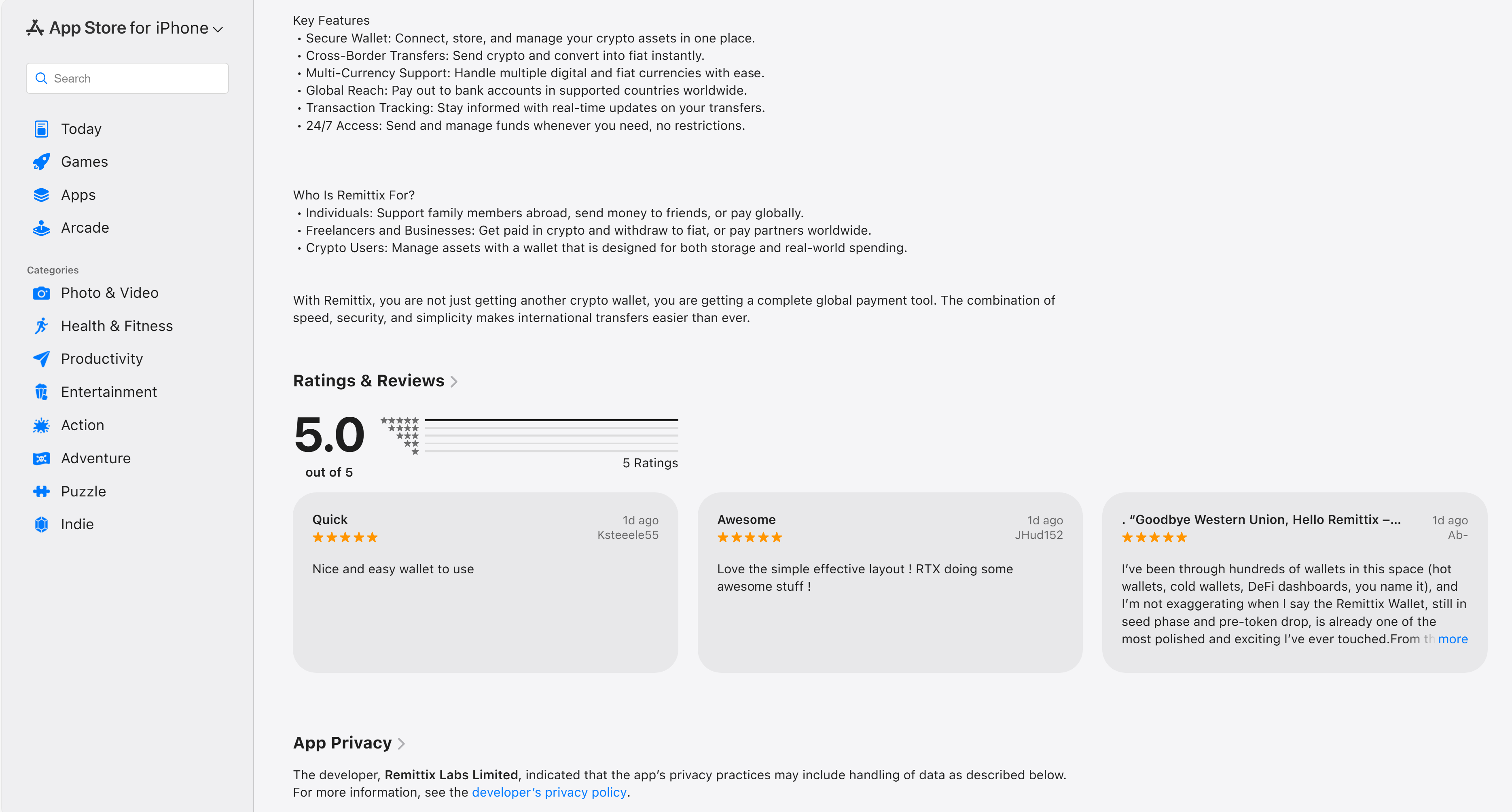Screenshot of the Remittix app page on the App Store showing a 5.0 rating based on 3 user reviews.