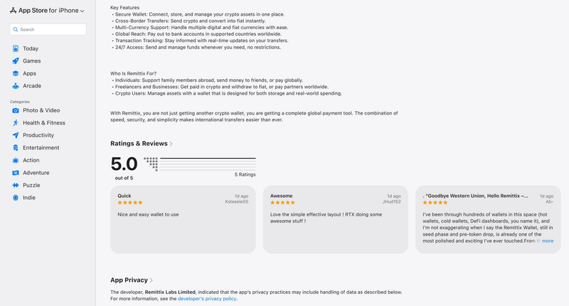 Screenshot of the Remittix app page on the App Store showing a 5.0 rating based on 3 user reviews.