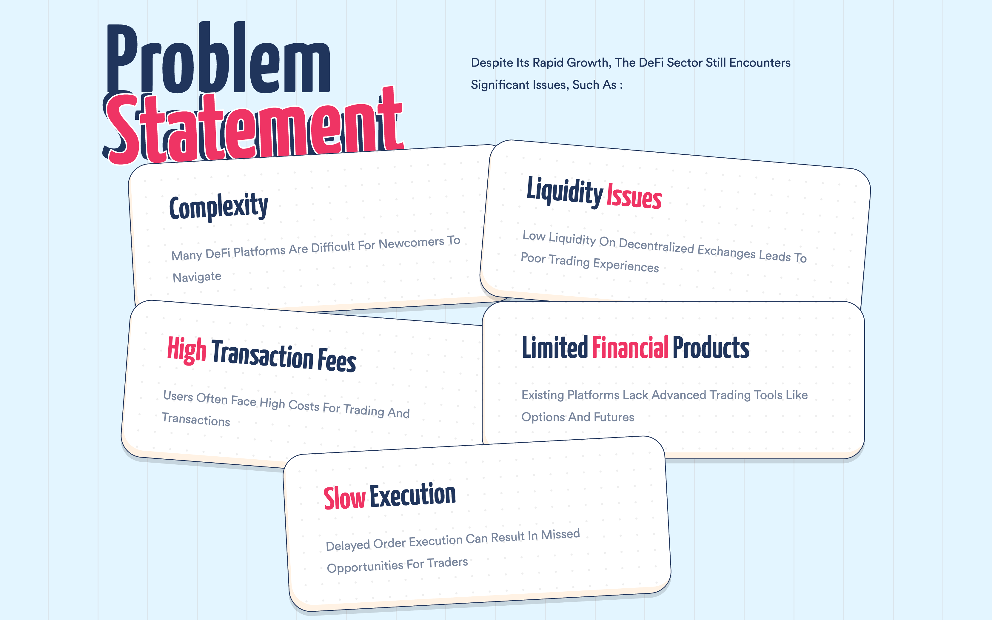 A slide with 5 squares containing short description of the problems