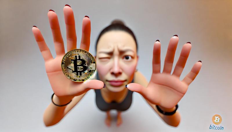 Woman making a questioning gesture while holding a Bitcoin in her hand