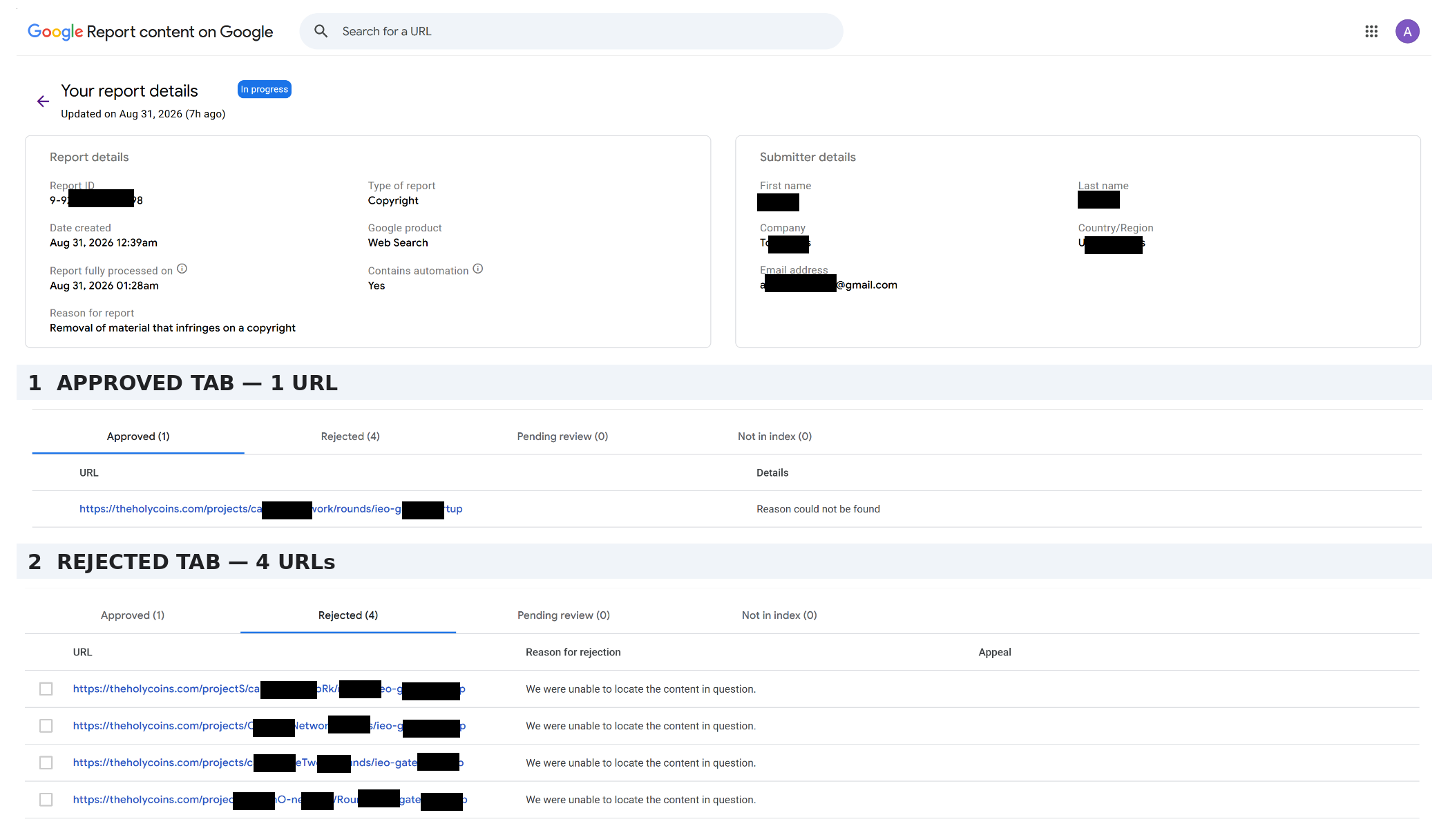 Composite screenshot of Google’s DMCA report dashboard showing one approved lowercase URL and four rejected mixed-case variants, with identifying details blacked out.