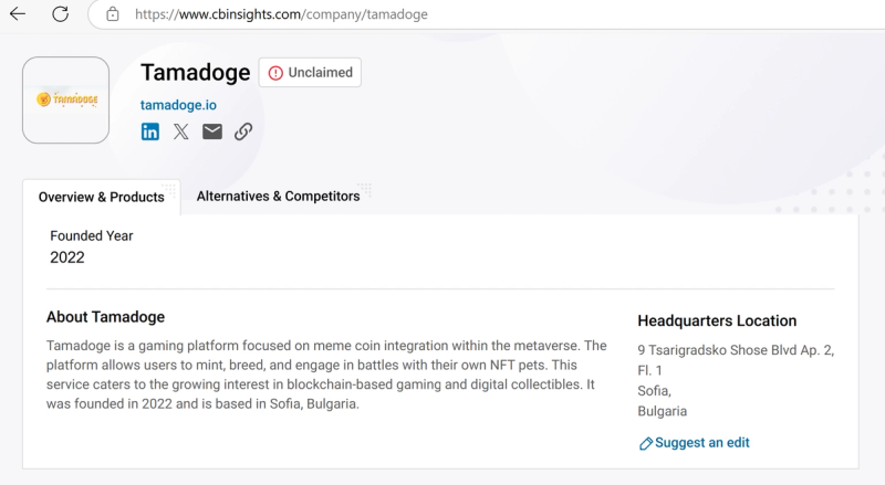 A screenshot from CBInsights showing Tamadoge’s project details, including its full headquarters address on the right side