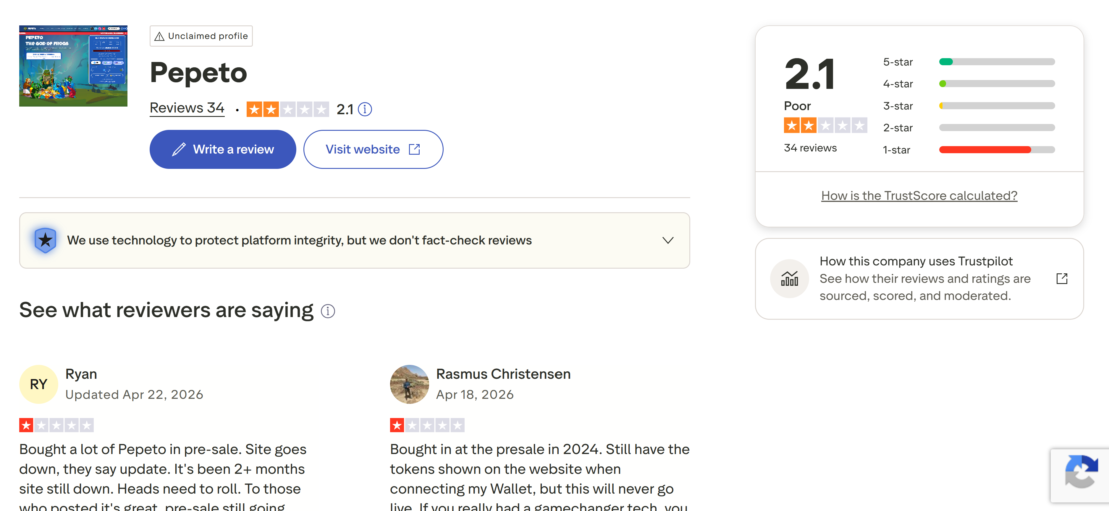 : Trustpilot review page for Pepeto displaying a 2.1 rating, distribution of star reviews, and user comments describing issues with the presale experience.