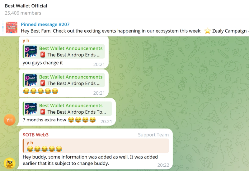 Screenshot of Telegram message by user “y h” in the Best Wallet group on May 14, 2025, reacting to the updated presale terms: "you guys change it" and “yeah right updated with 7 months extra.