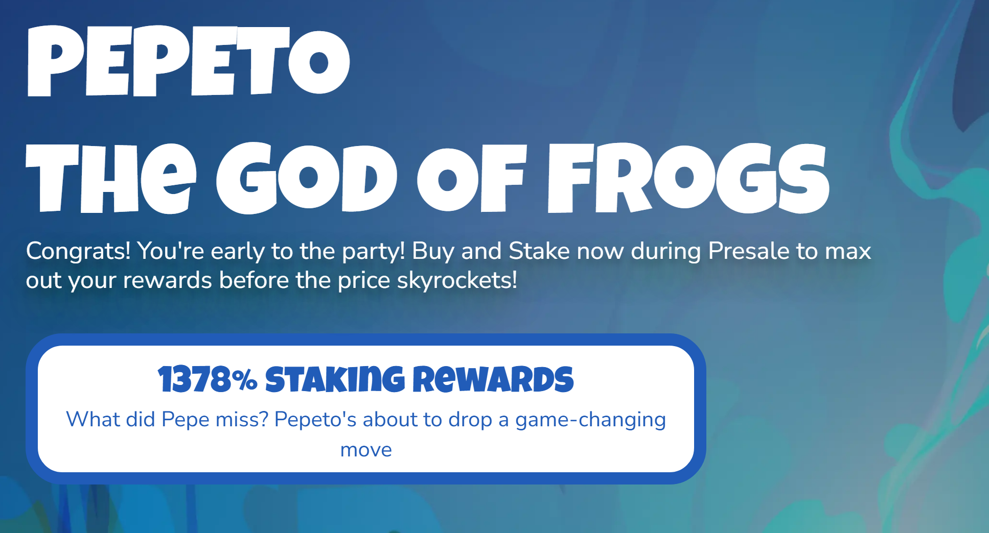 Screenshot with a 'PEPETO THE GOD OF FRODS' title and a 1378% staking reward promise, from the Pepeto, the god of frogs
