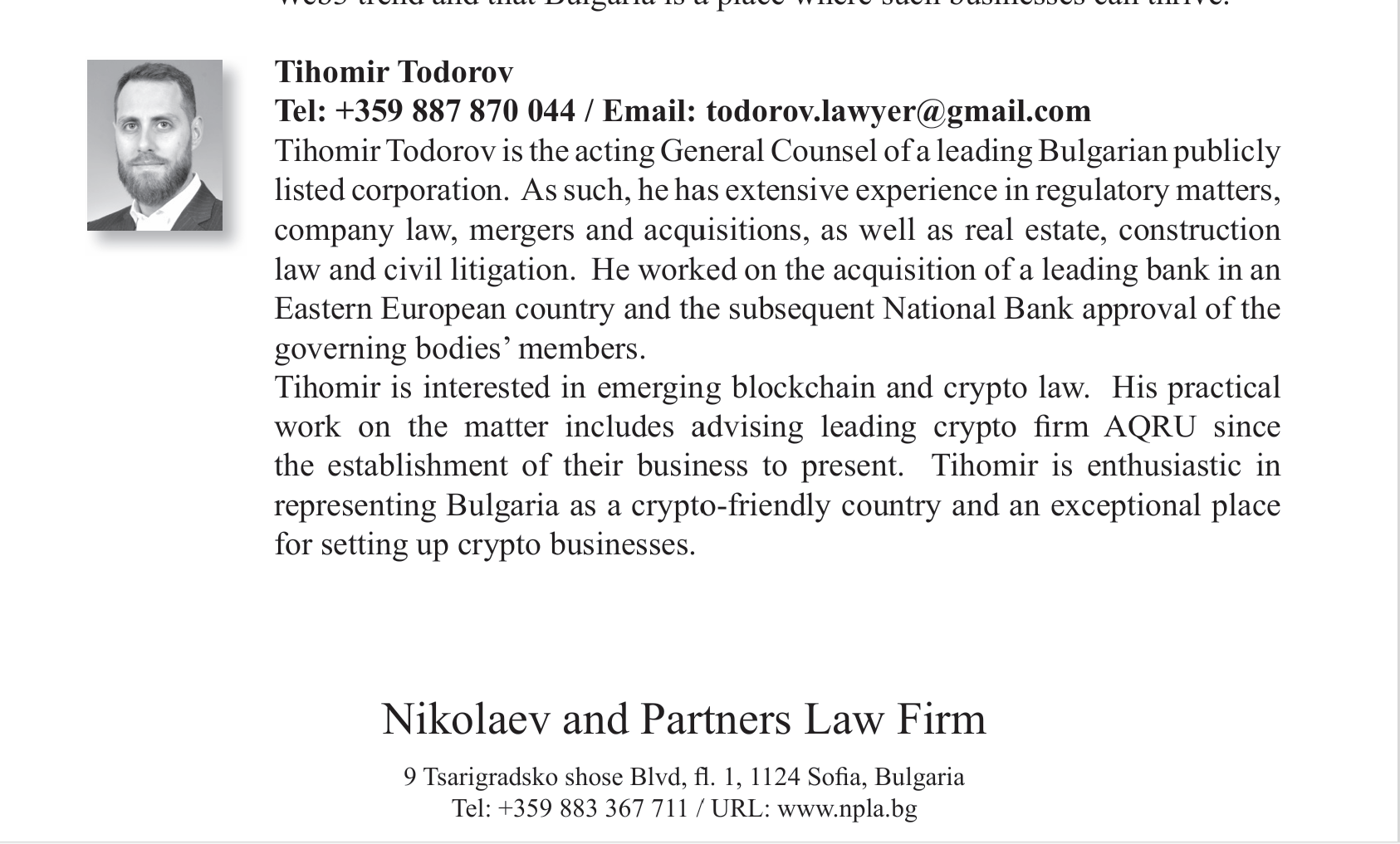 Document excerpt discussing a Bulgarian law firm at the same address as Best Wallet EOOD."