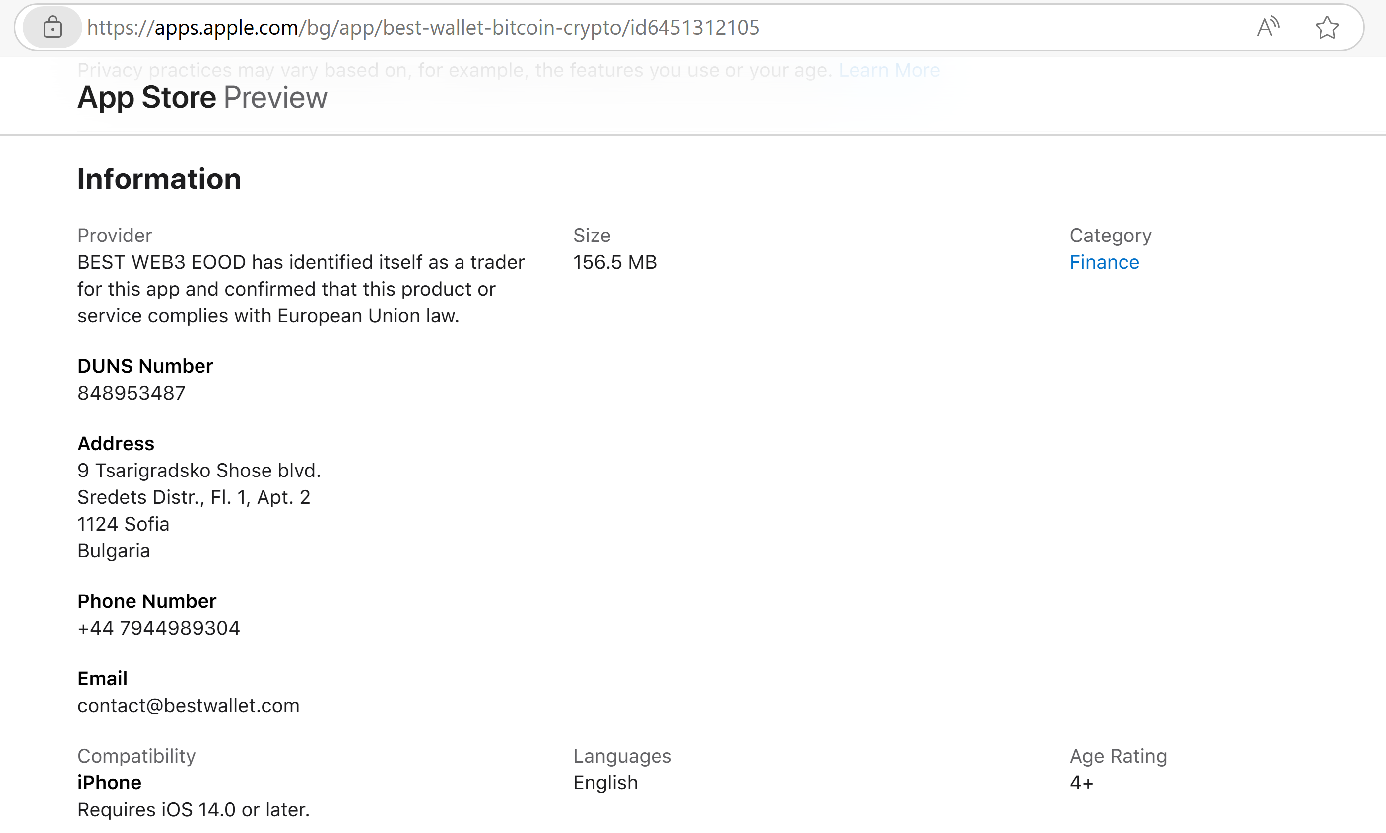 Screenshot of Best Wallet Crypto’s Apple App Store listing in Bulgaria, displaying additional company details, including its registration under Best Web3 EOOD