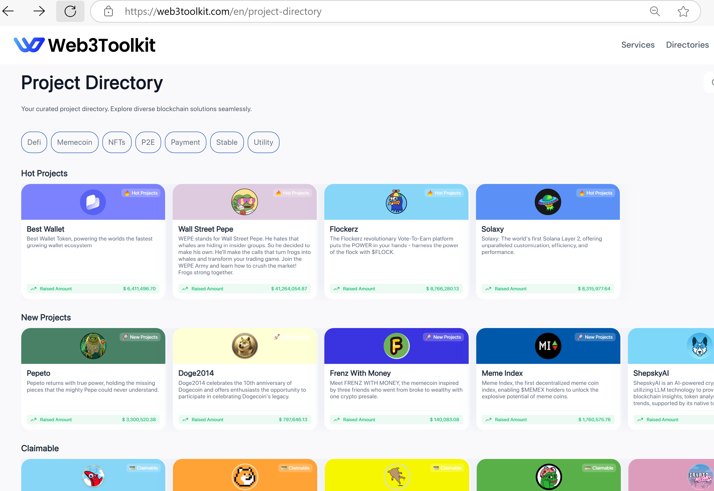 Web3Toolkit crypto projects list showcasing crypto presales like Pepe Unchained, Crypto All-Stars, and Wall Street Pepe, restricted to non-UK visitors due to Financial Promotions Standards