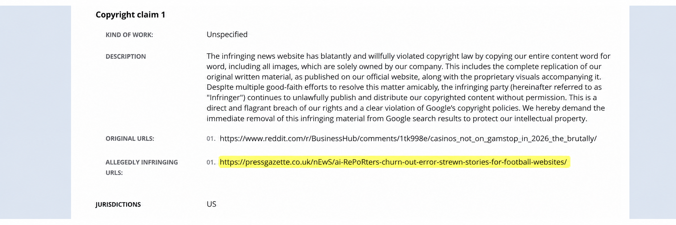 Screenshot of a DMCA complaint citing a Reddit casino post as the original work, with Press Gazette’s mixed-case “nEwS/ai-RePoRters” URL highlighted in yellow.