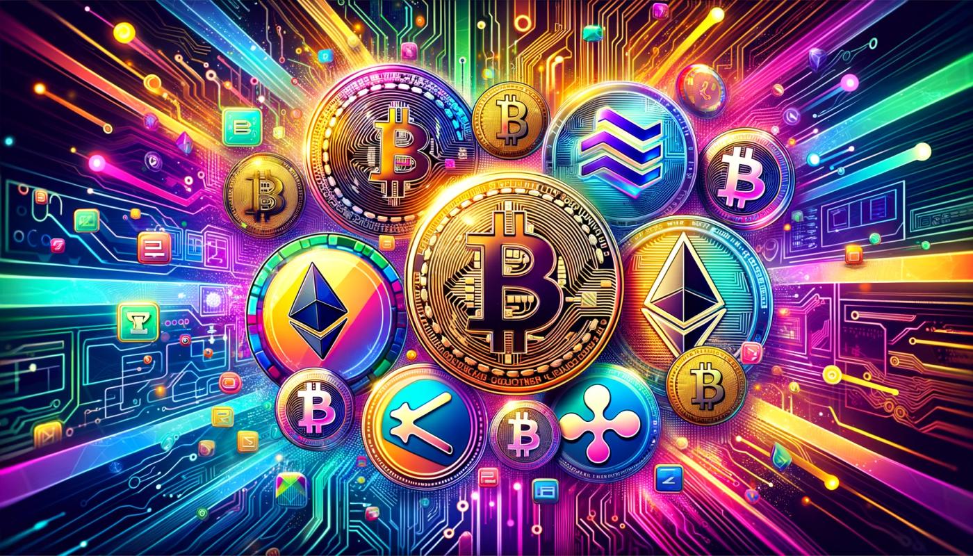 Colorful cryptocurrency coins with their logos, arranged next to and on top of each other, with colorful lines in blue, red, gold, green, and orange interwoven among them