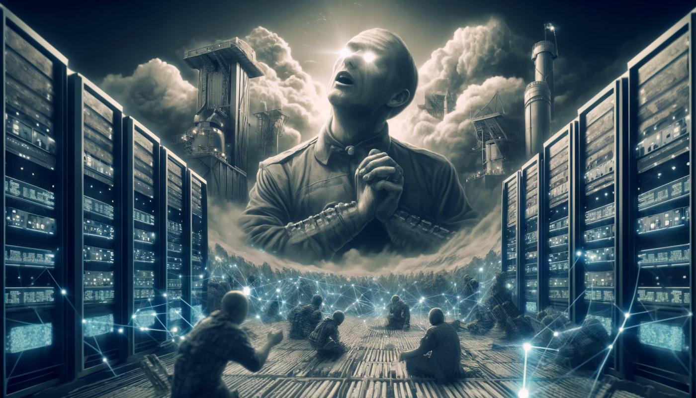 Gray-themed image with datacenters on the right and left. Between them are gray figures with their backs to the viewer, sitting on the ground. In the background, a large figure with white light in his eyes holds his hands together, looking at the sky with white clouds behind him