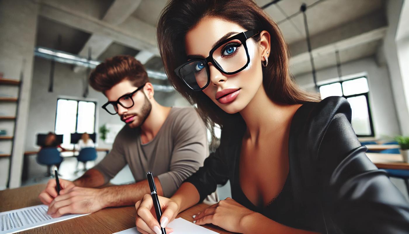 A beautiful woman with dark hair and extremely big glasses, sitting at a desk with a male friend. he is looking down at the table and the woman is looking at the viewer and writing some work in a modern, stylish office environment