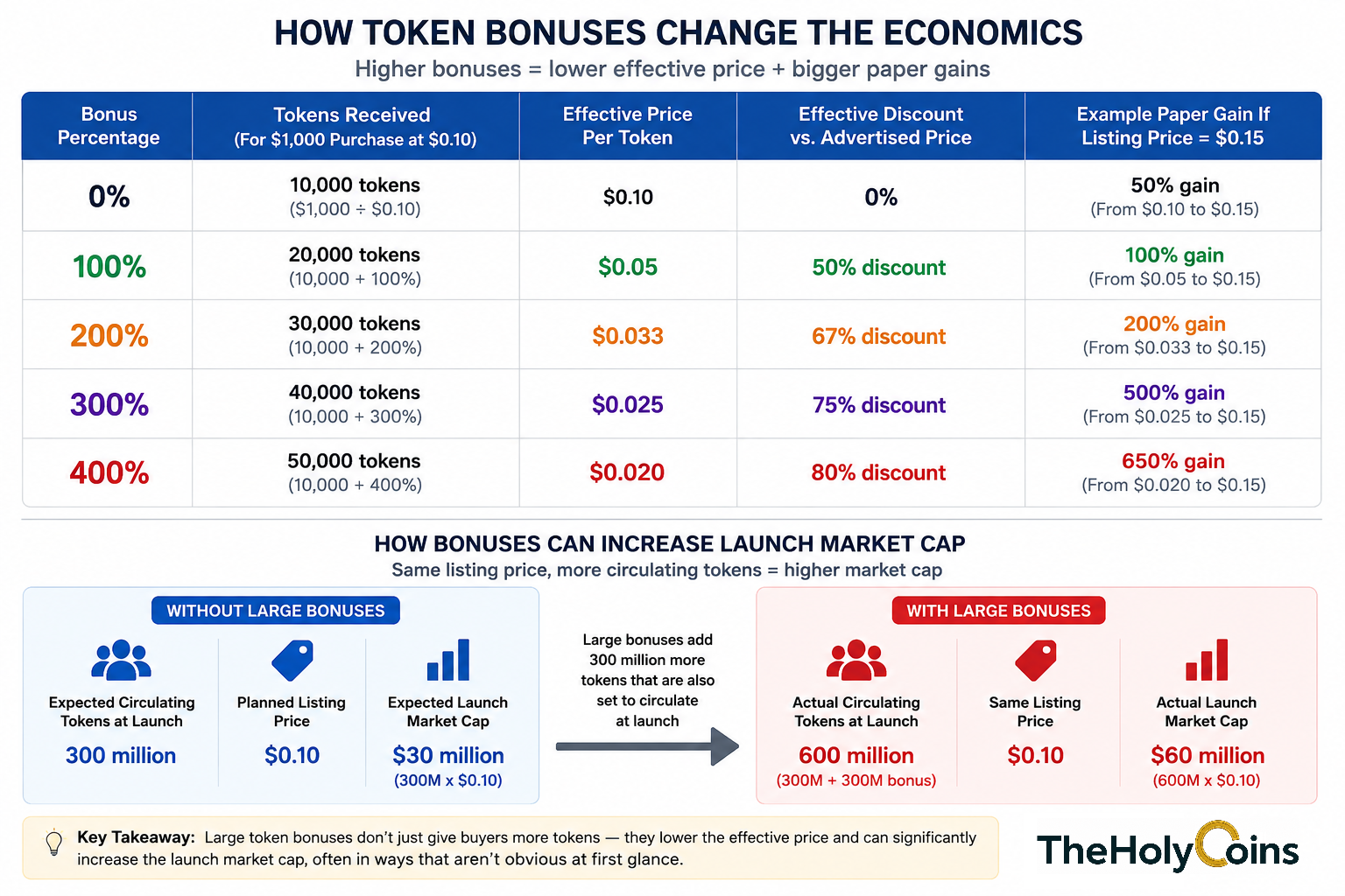Infographic comparing crypto presale token bonuses and showing their impact on effective purchase price, paper gains, and launch market capitalization.