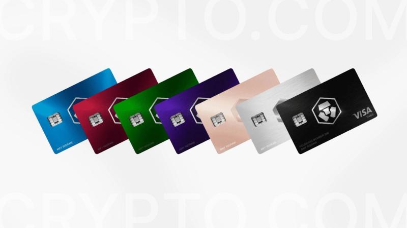 Crypto.com Visa crypto card lineup showing multiple cashback card tiers for spending cryptocurrency, USDT, and USDC with rewards and travel benefits.