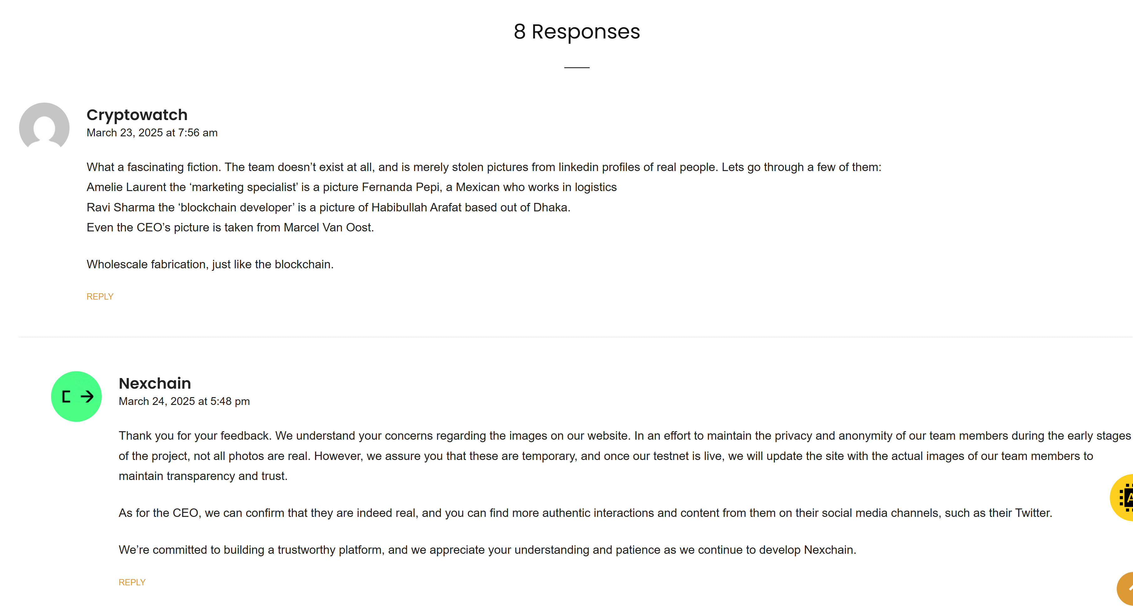 Screenshot of a public comment thread discussing the authenticity of Nexchain team member photos, followed by an official reply from the Nexchain account