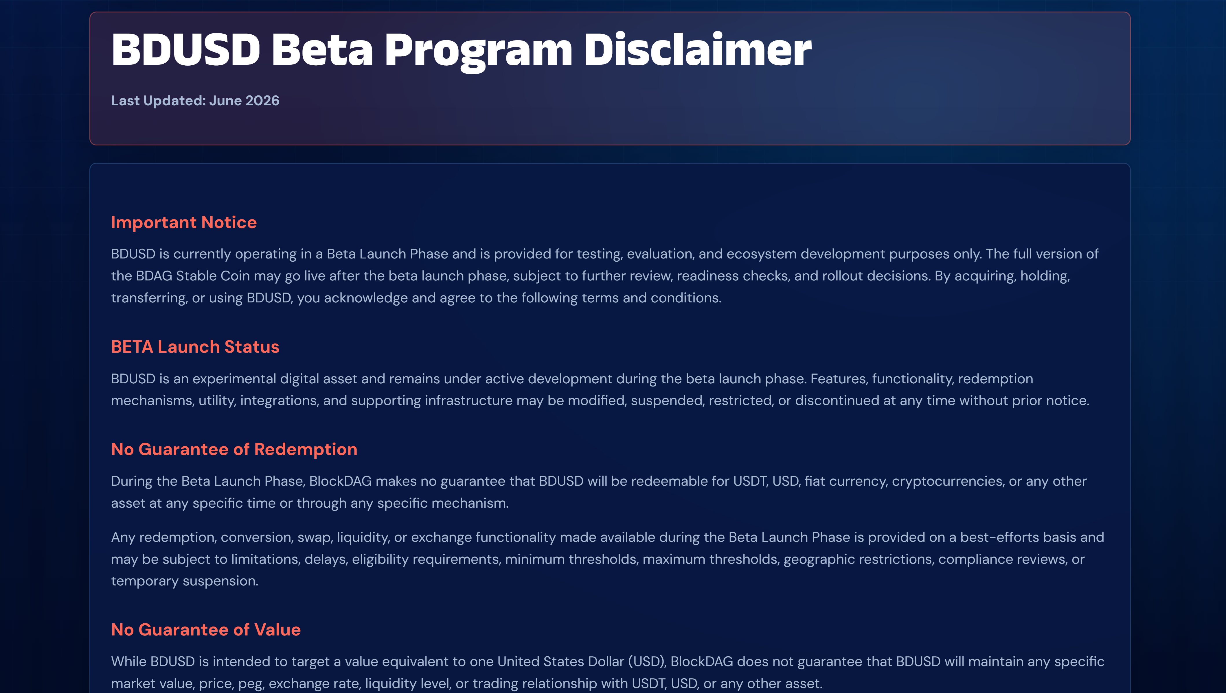 **Caption (up to 8 words):**  > **BDUSD beta disclaimer outlines redemption and value limits**  Alternative:  > **BlockDAG BDUSD beta disclaimer published June 2026**  ---  **Alt text (SEO + descriptive):**  > Screenshot of the BlockDAG BDUSD Beta Program Disclaimer showing beta launch status, no guarantee of redemption, and no guarantee of value notices for the BDUSD stablecoin. The disclaimer states that BDUSD is an experimental digital asset and does not guarantee redemption for USDT, USD, fiat currency, or other assets.