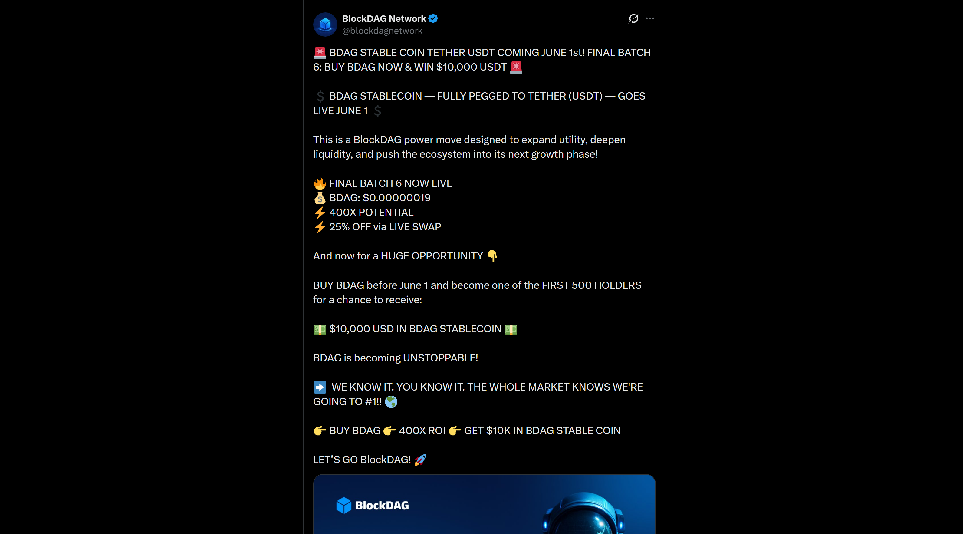 Screenshot of a BlockDAG Network post on X (formerly Twitter) promoting the upcoming BDUSD stablecoin. The post describes the BlockDAG stablecoin as fully pegged to Tether (USDT), references a June 1 launch date, a $10,000 USDT promotion, and BDAG token marketing incentives.