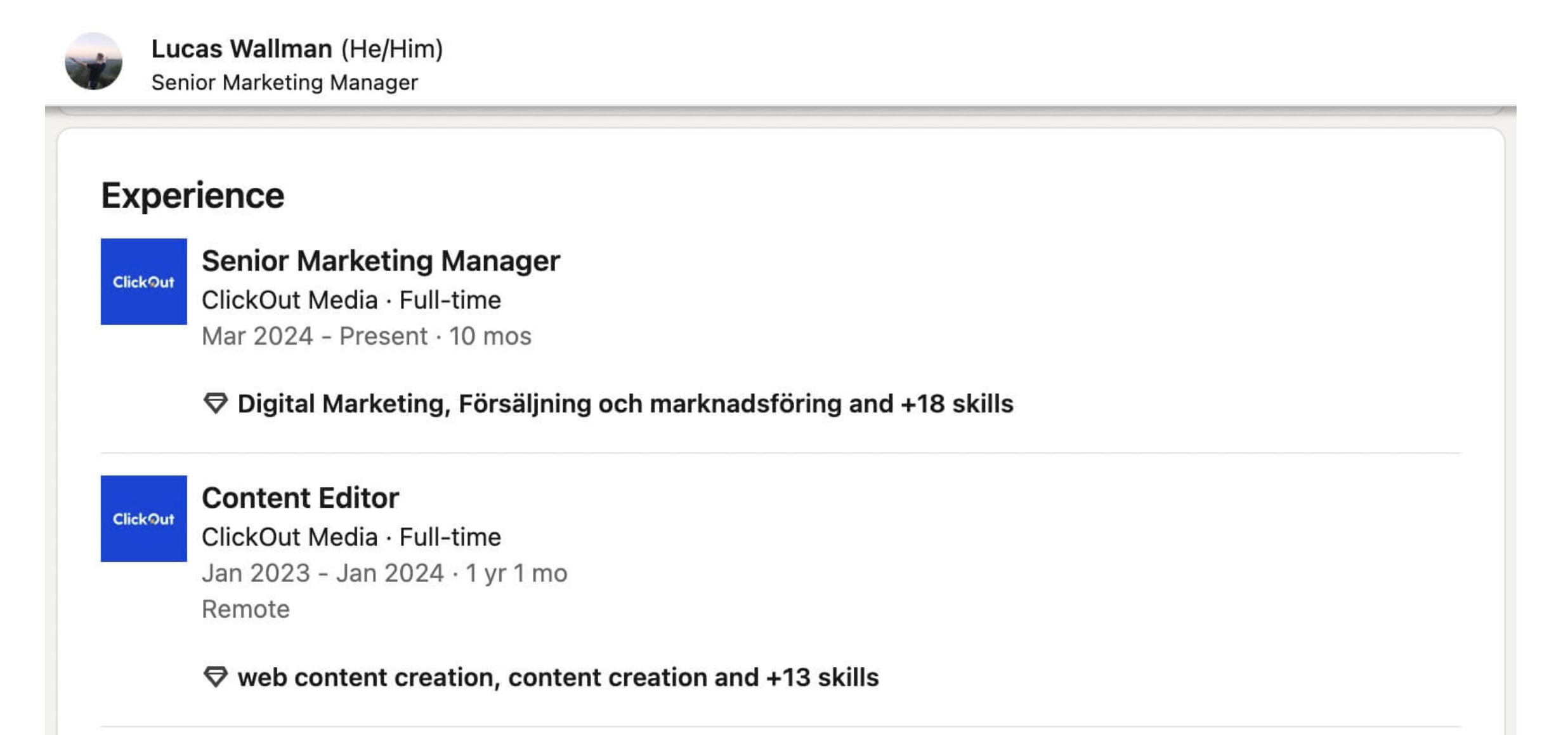 LinkedIn profile of Lucas Wallman with work experience in Clickout Media