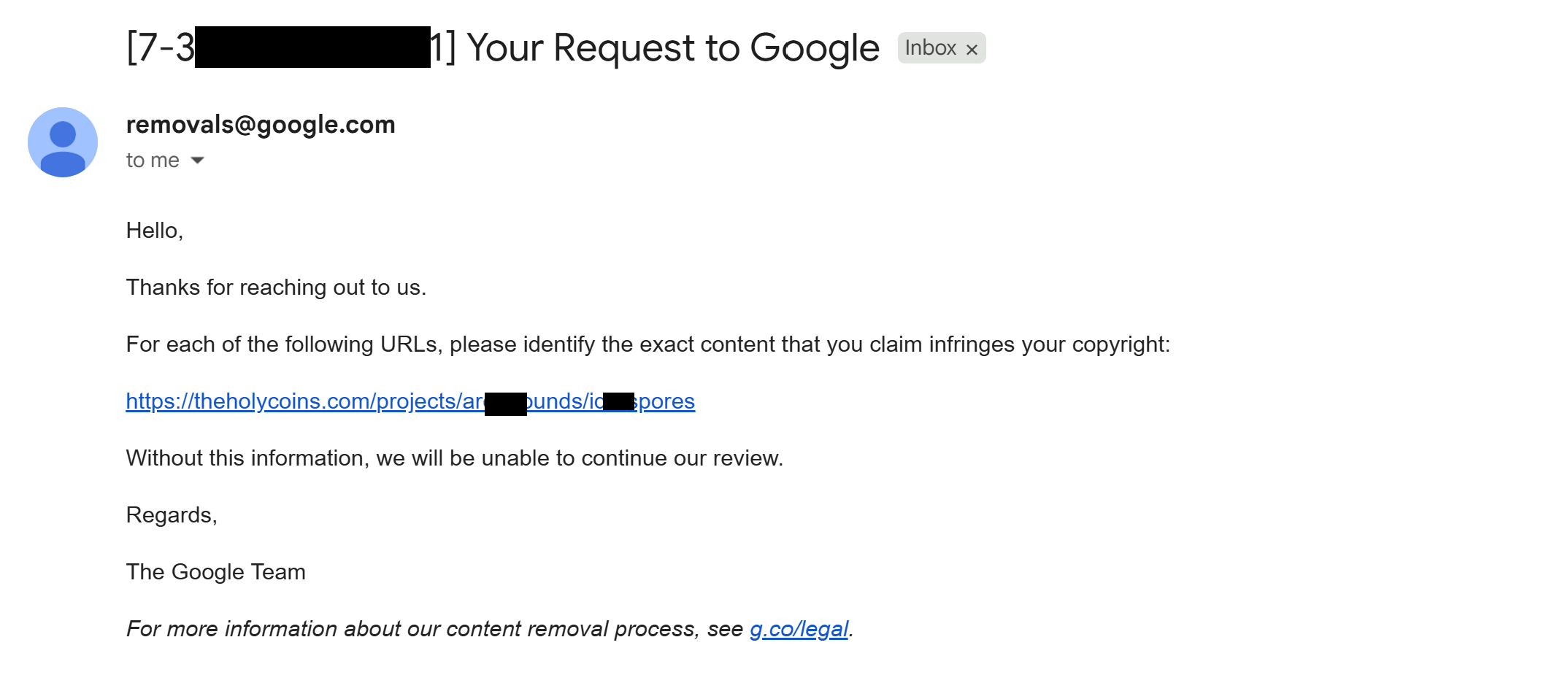 Screenshot of an email from removals@google.com requesting identification of the exact allegedly infringing content, with a blue link to the reported TheHolyCoins page.