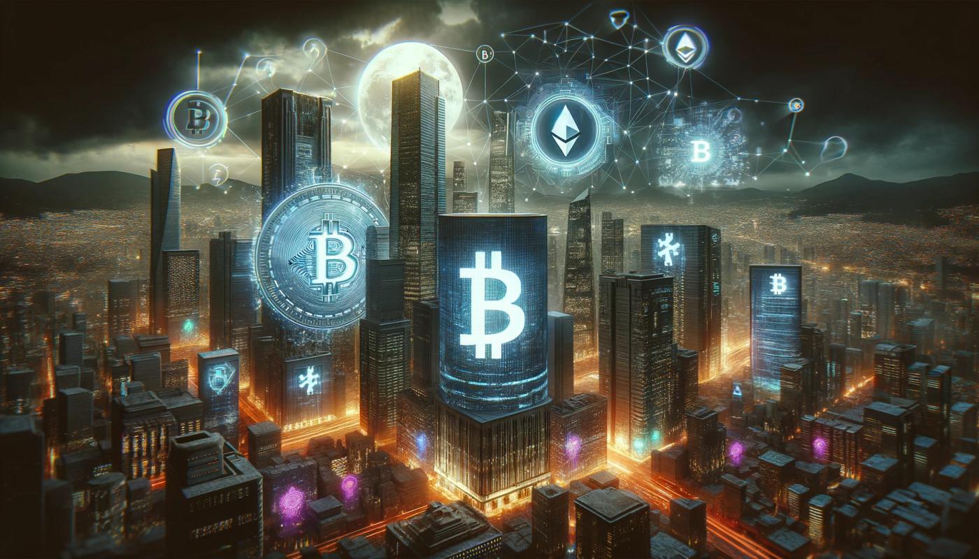 Dark-themed image featuring many tall buildings, some with Bitcoin logos on them. The streets between the buildings are colored orange and yellow. Dark clouds fill the sky